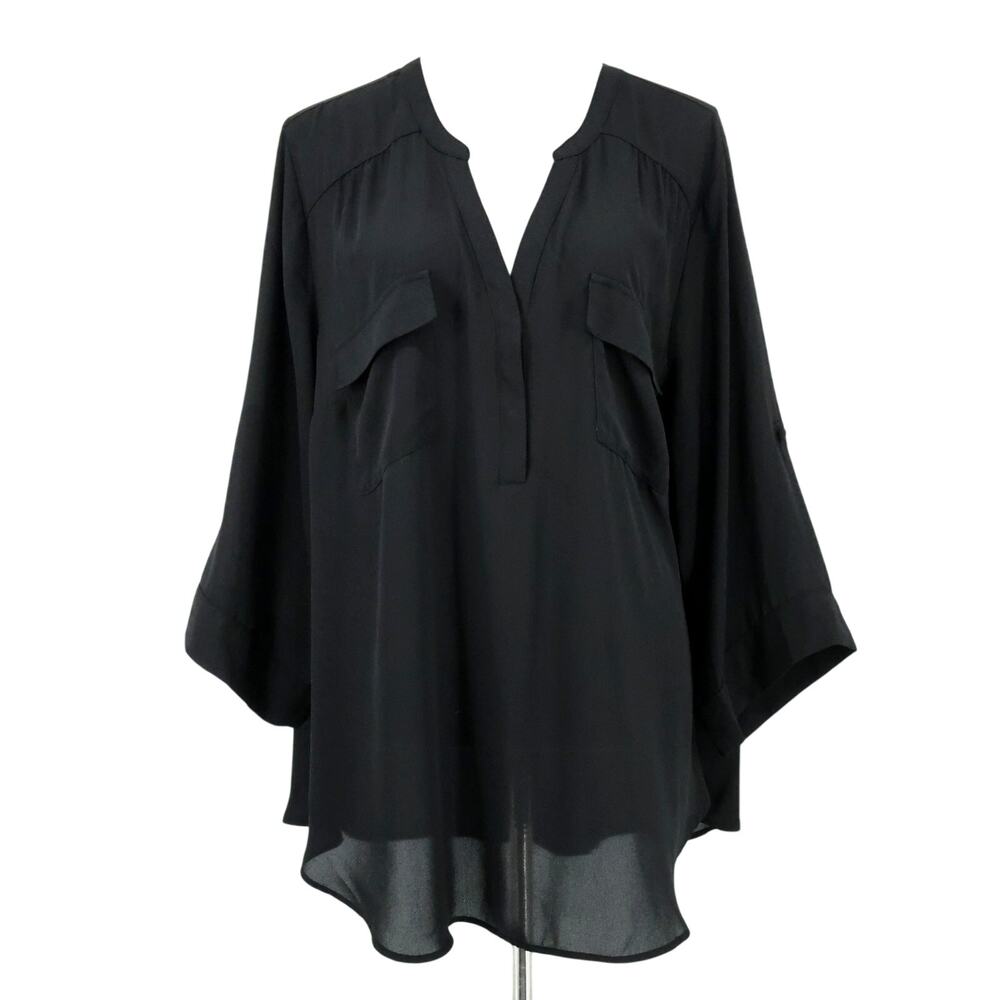 Torrid Harper Top 3 Plus Size 3X Black Chiffon Henley Pullover Blouse Roll Tab